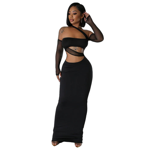Asymmetric One-Shoulder Diagonal Strap Sheer Mesh Sleeve Cutout Midriff Bodycon Maxi Dress