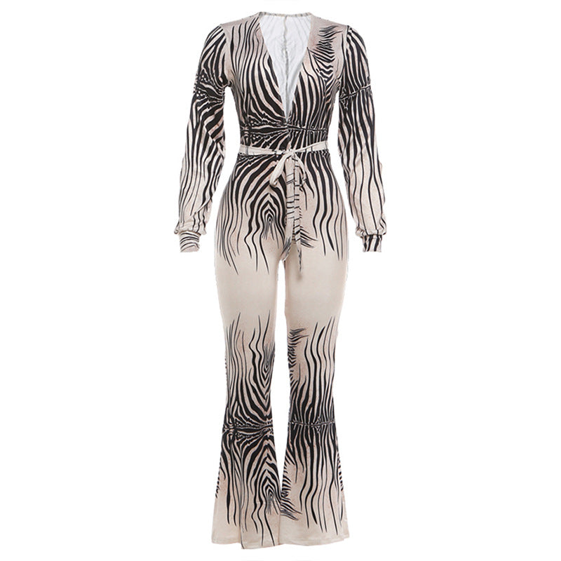 Zebra Print Deep V-Neck Long Sleeve Flare Leg Jumpsuit