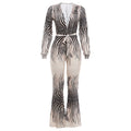 Zebra Print Deep V-Neck Long Sleeve Flare Leg Jumpsuit