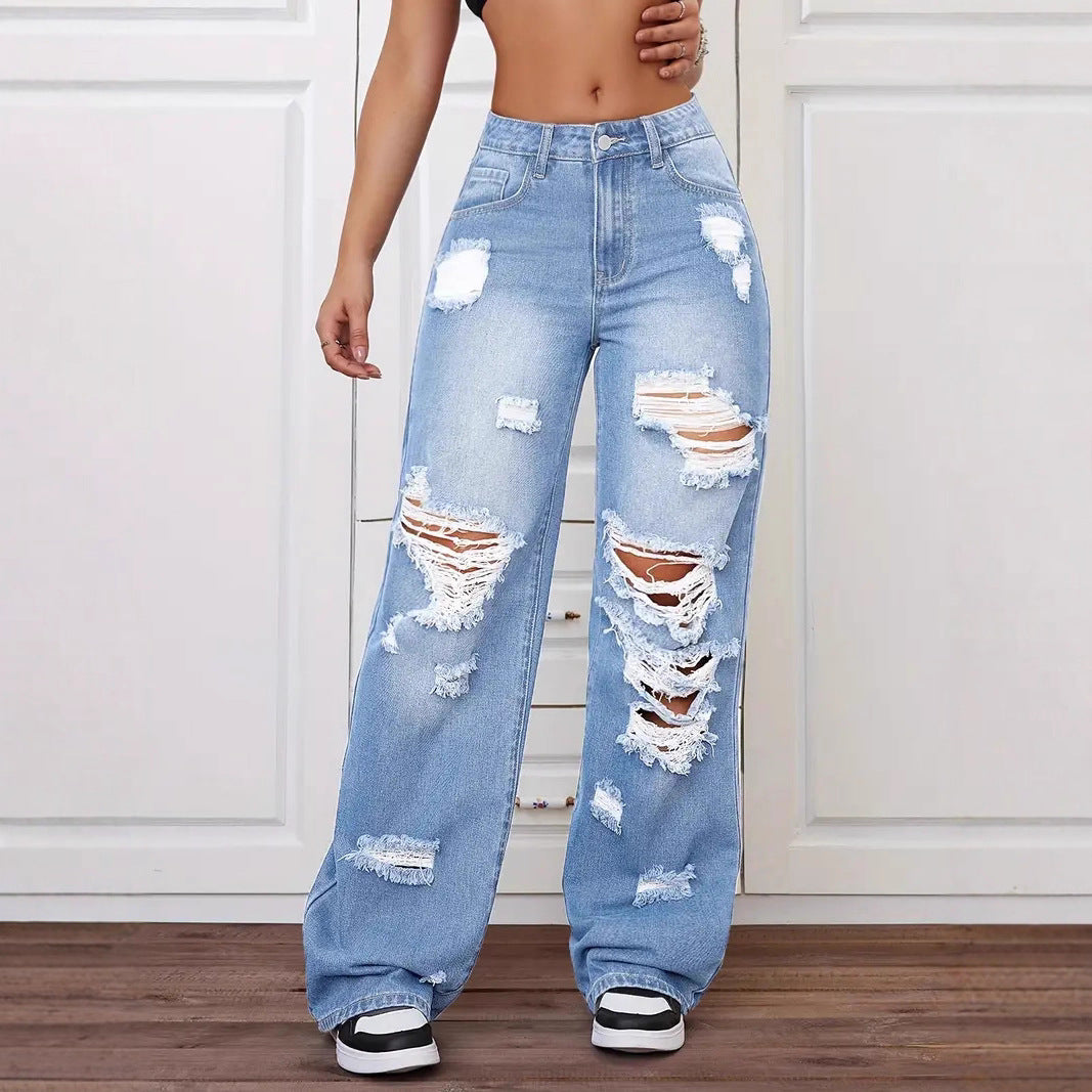Riot Wide-Leg Heavily Distressed High Waist Ripped Straight Jeans