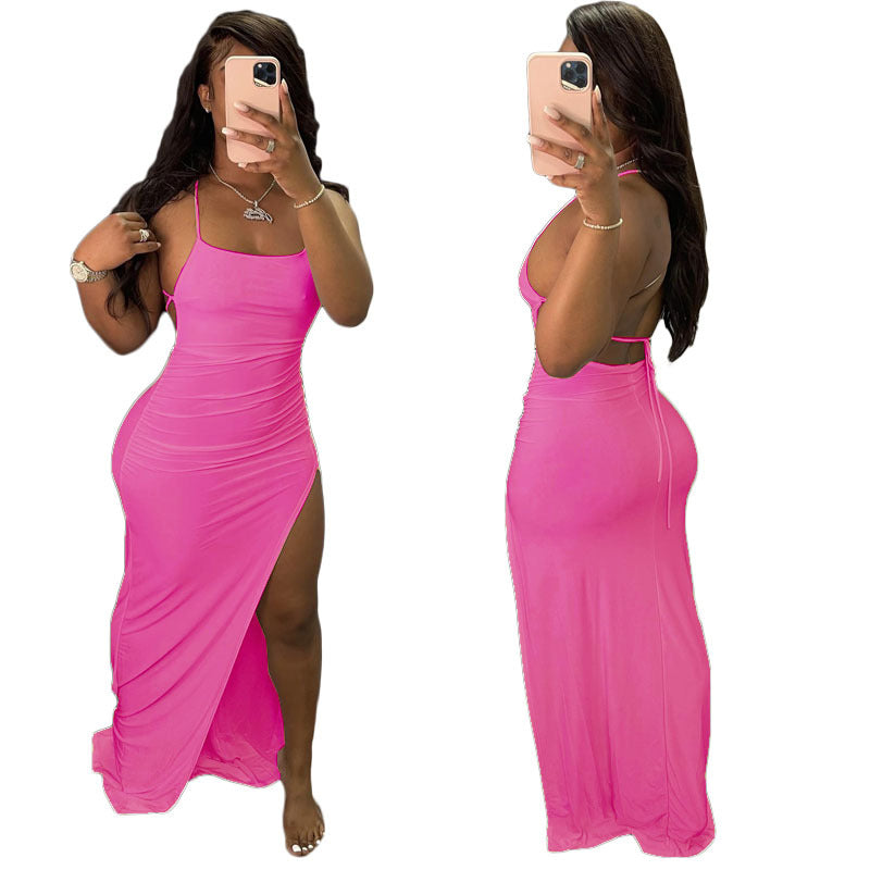 Spaghetti Strap Ruched Side Slit Backless Tie Bodycon Maxi Dress