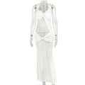 Vacation Solid Color Women Clothing Micro Elastic Lace up Halterneck Hip Dress Sexy Mesh Home Maxi Dress