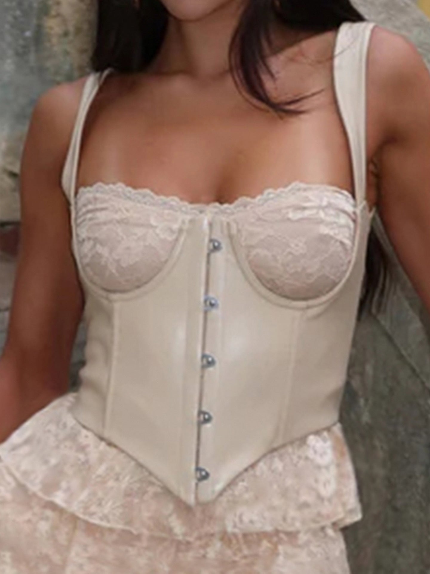 Faux Leather Corset & Tiered Lace Ruffle Skirt Set