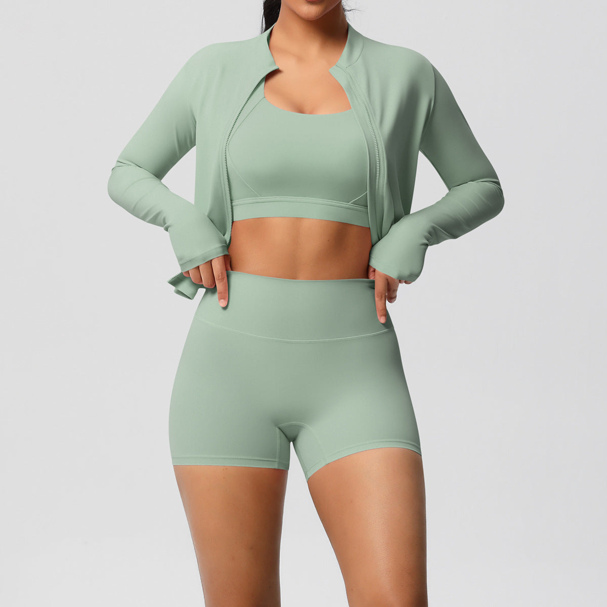 3-Piece Zip Jacket, Sports Bra & Biker Shorts Activewear Set