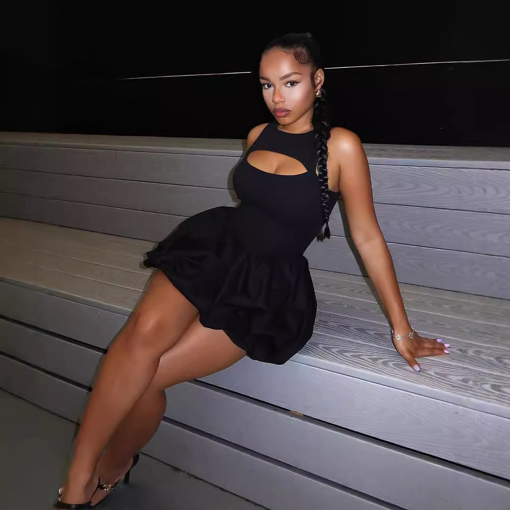 Black Bubble Skirt Mini Dress | Chest Cutout & Fitted Bodice