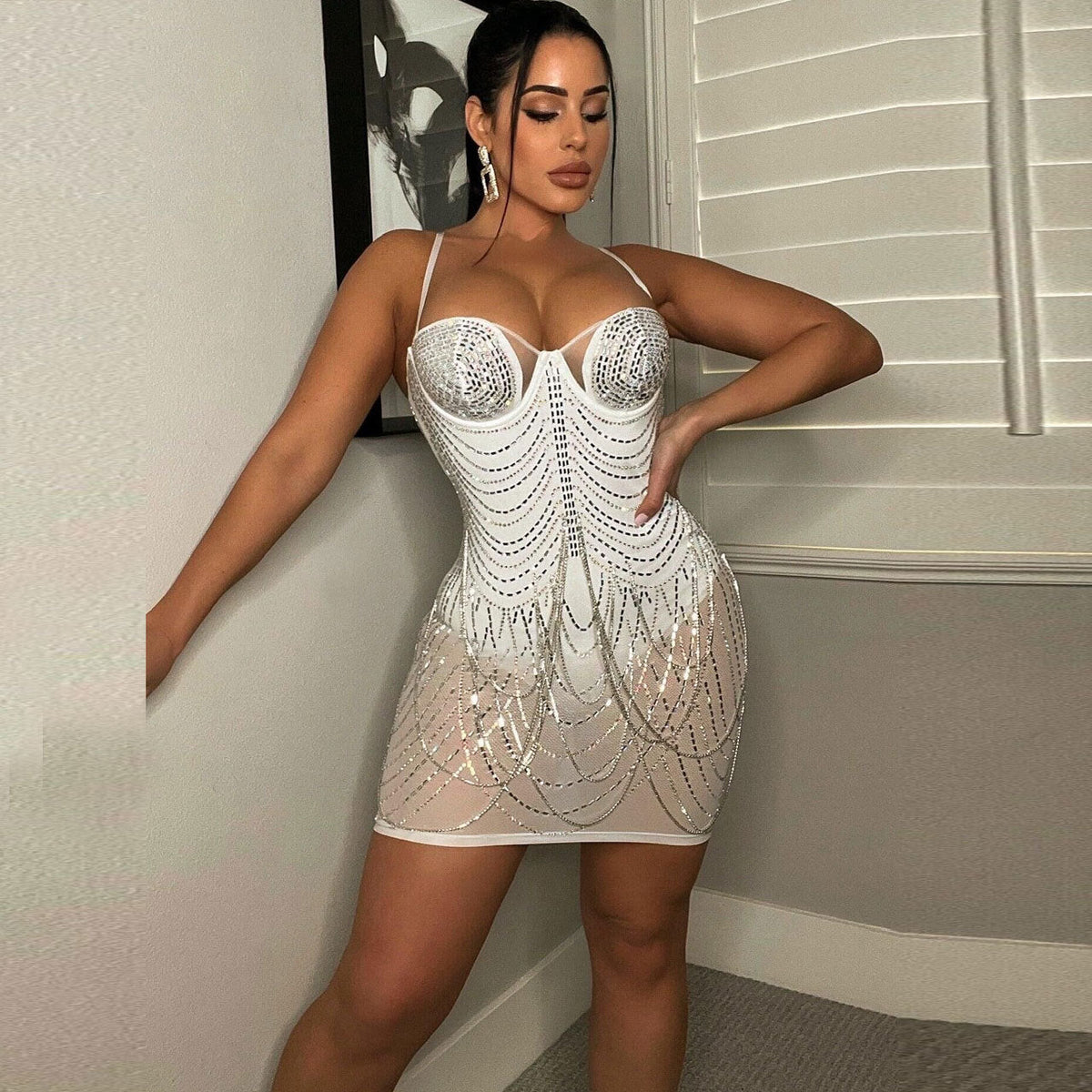 Rhinestone Bust Draped Chain Fringe Tassel Bodycon Mini Dress