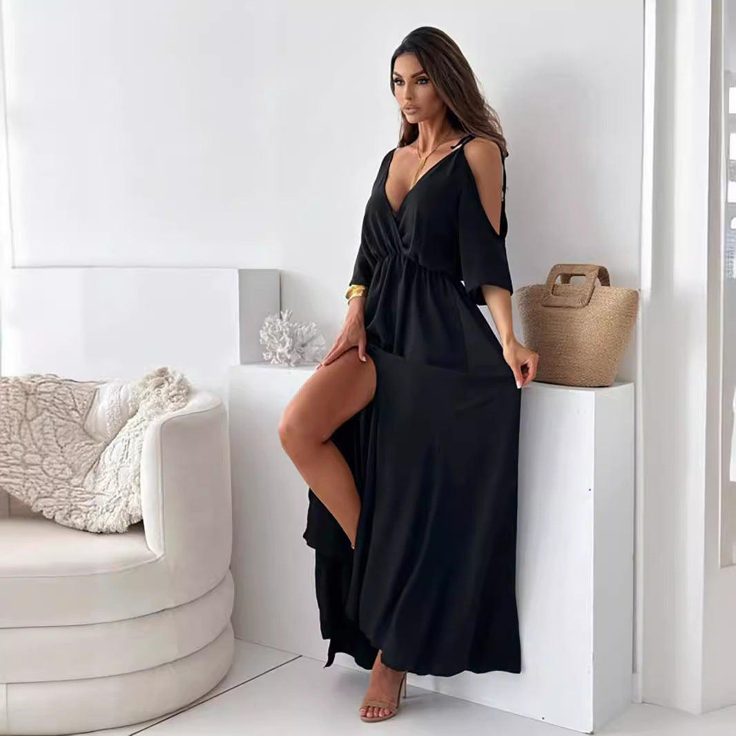 Deep V-Neck Cold Shoulder Half Sleeve Ruched Waist High Slit A-Line Maxi Dress