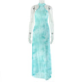 Aqua Turquoise Semi-Sheer Chiffon Sleeveless Halter High Stand Collar Backless Slim A-Line Floor-Length Maxi Dress