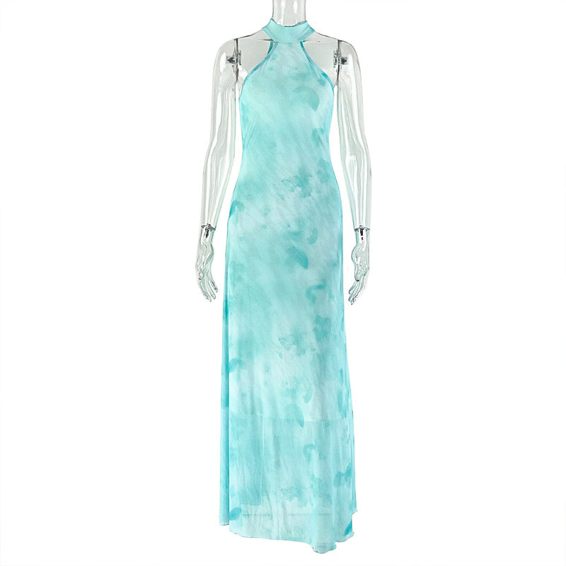 Aqua Turquoise Semi-Sheer Chiffon Sleeveless Halter High Stand Collar Backless Slim A-Line Floor-Length Maxi Dress