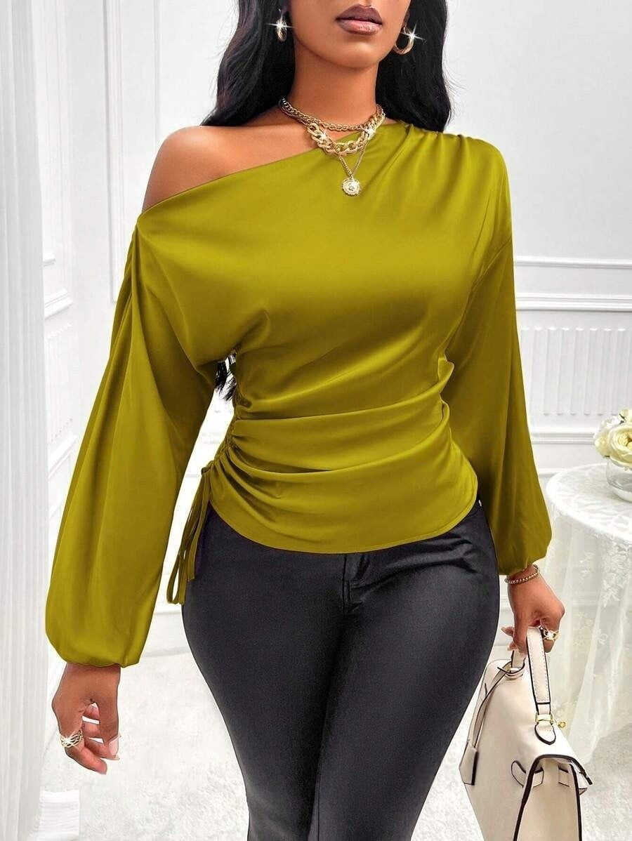 Satin Asymmetric One-Shoulder Bishop Sleeve Side Tie Ruched Waist Blouse