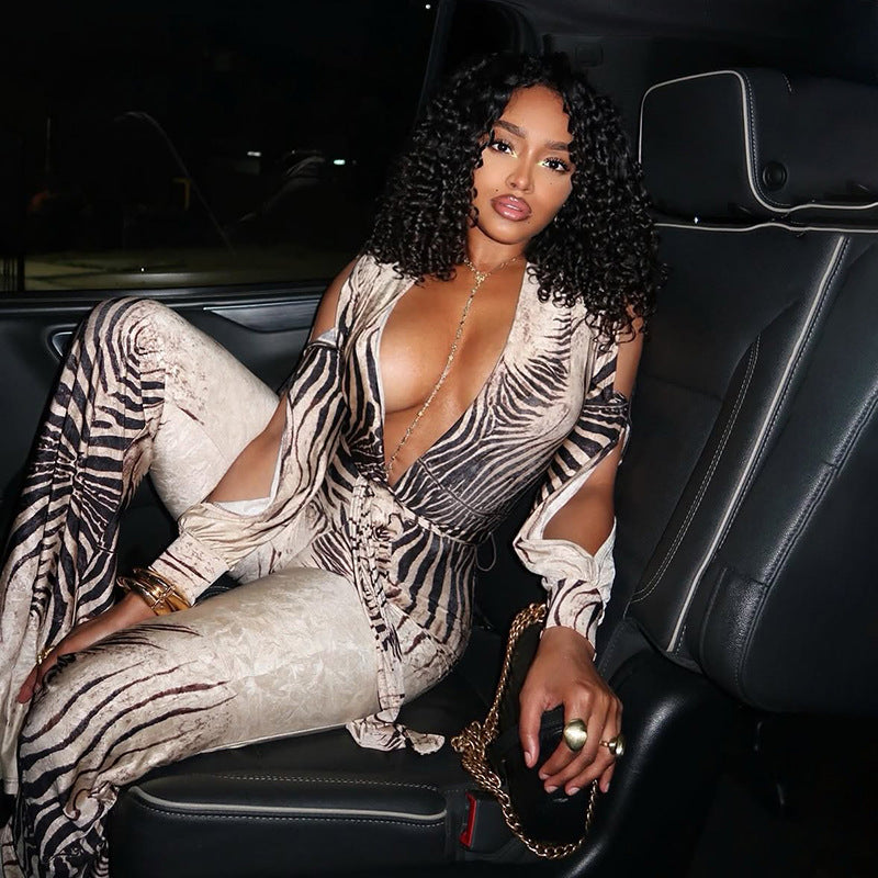 Zebra Print Deep V-Neck Long Sleeve Flare Leg Jumpsuit