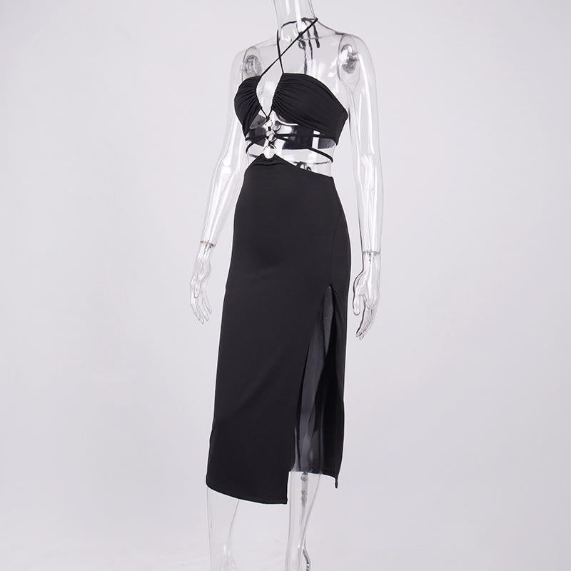 Halter Neck Cutout Lace-Up Ring-Detail High-Slit Maxi Dress