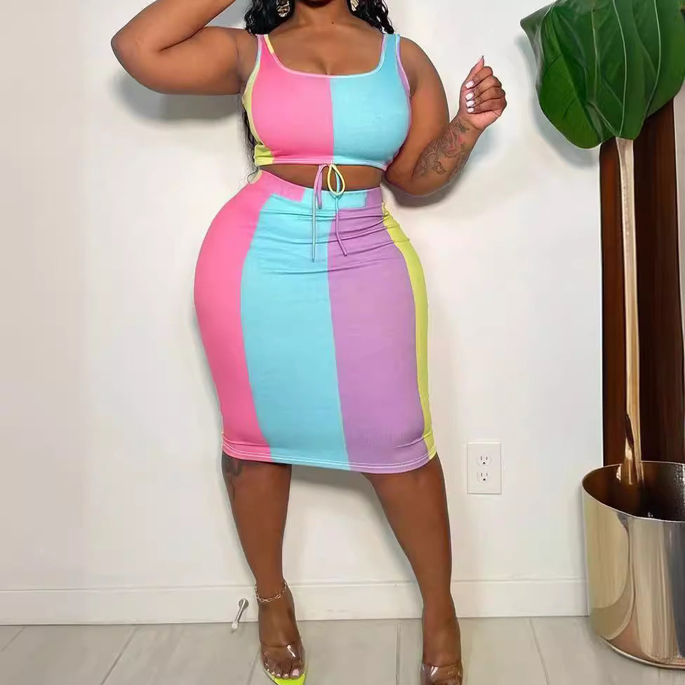 Pastel Color-Block Ribbed Crop Tank & High-Waist Bodycon Midi Skirt Plus Size Set