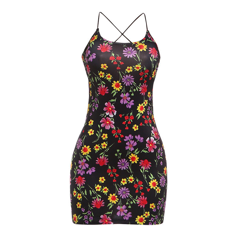 Wildflower Print Cross-Back Spaghetti Strap Backless Bodycon Mini Dress
