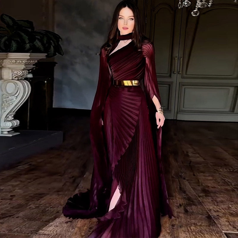 The Regal Entrance Pleated Cape Maxi Dress