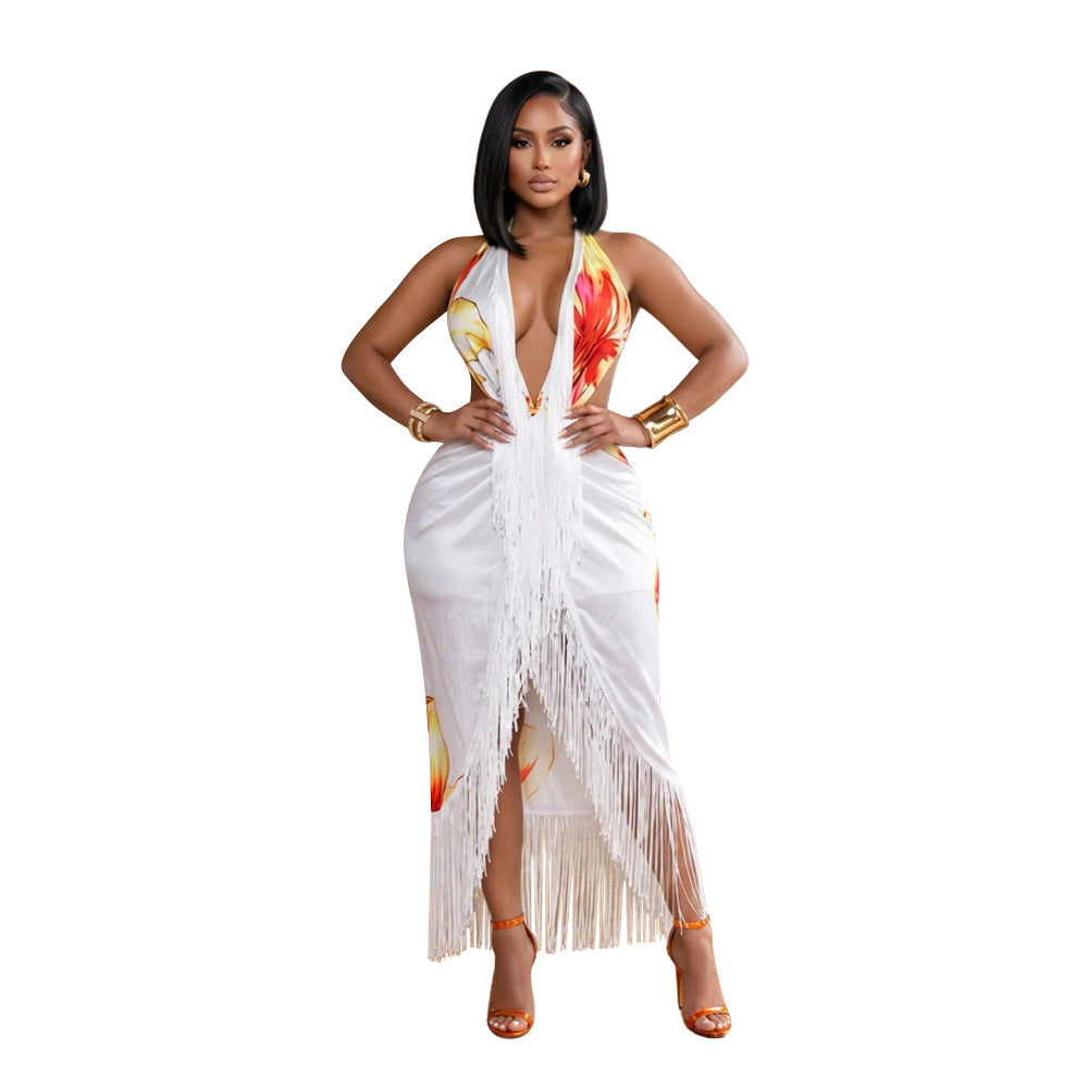 Fringe Benefits Tropical Print Halter Deep V Fringe Bodycon Midi Dress