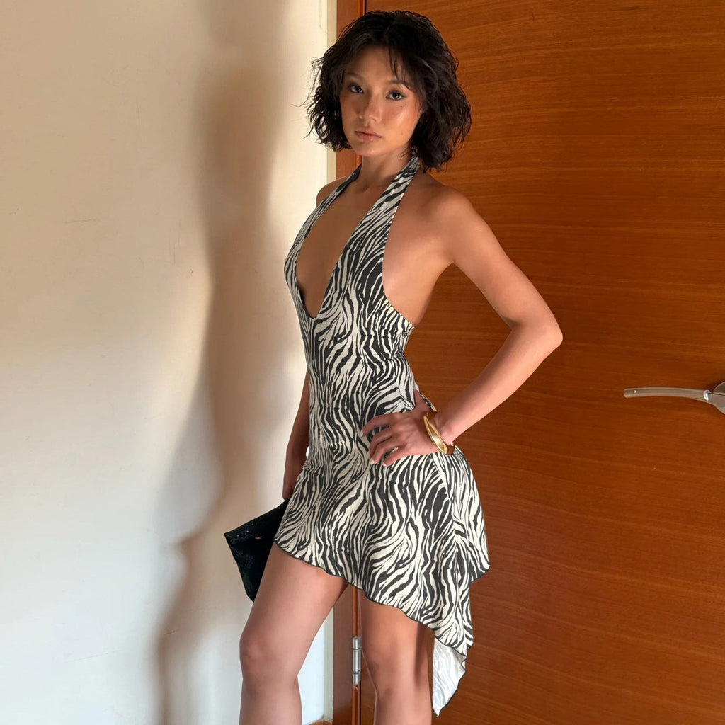 Zebra Print Deep V-Plunge Halter Tie Neck Asymmetric Hem Backless Mini Dress