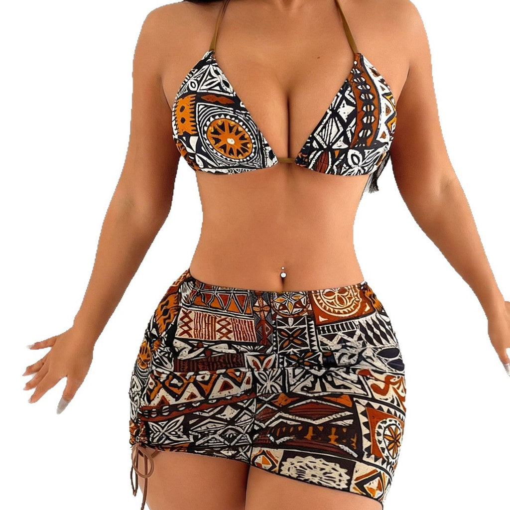 Tribal Print 3-Piece Halter Triangle Bikini & Ruched Mini Skirt Set