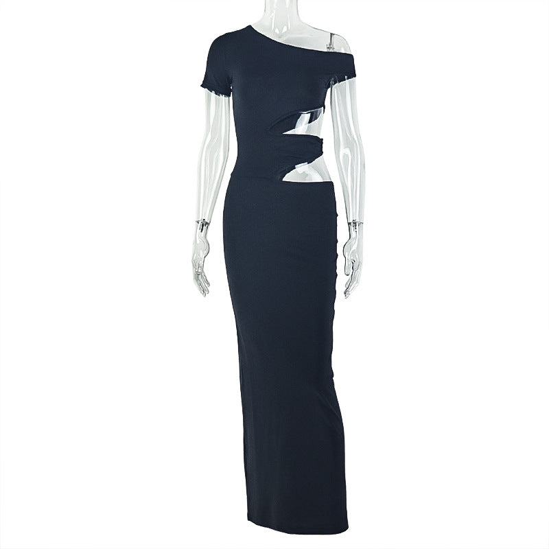 Asymmetric One-Shoulder Wrap Cutout Midriff Window Slim-Fit Bodycon Maxi Dress