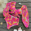 Tropical Print Long-Sleeve Cutout Tie-Front One-Piece Swimsuit