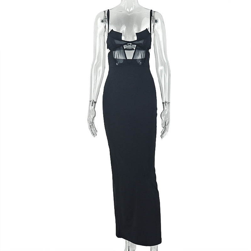 Spaghetti Strap Deep V Underwire Sheer Mesh Criss-Cross Cutout Open Back Bodycon Maxi Dress