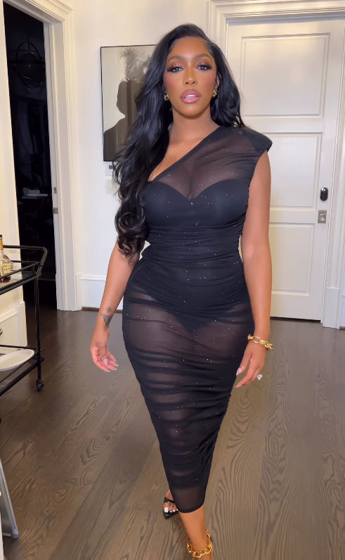 Midnight Magic One-Shoulder Shimmer Mesh Ruched Bodycon Midi Dress