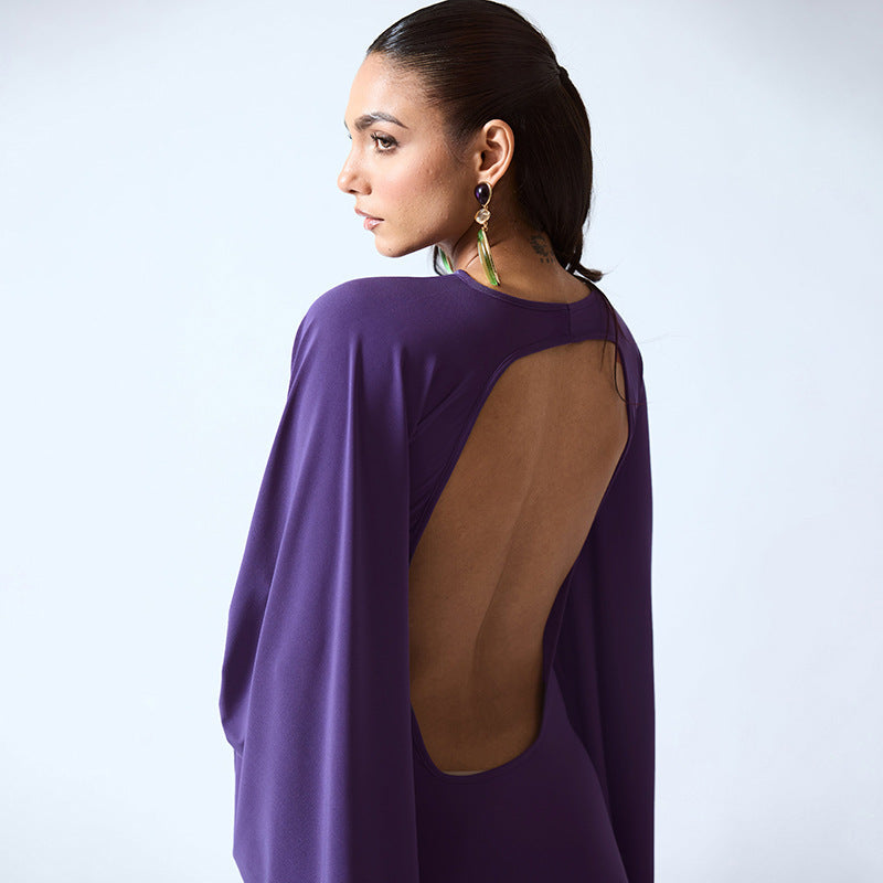 Dolman Batwing Sleeve Ruched Waist Backless Bodycon Mini Dress | Crew Neck