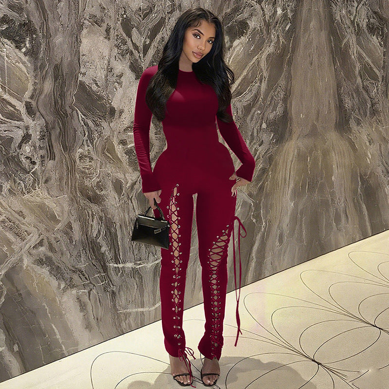 Long Sleeve Lace-Up Side Cutout Slim-Fit Full-Length Jumpsuit