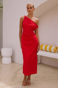 One-Shoulder Twisted Strap Asymmetric Draped Ruched Side Cutout Bodycon Midi Dress