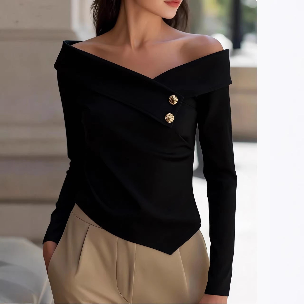 Off-Shoulder Asymmetric Wrap Long Sleeve Top