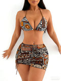 Tribal Print 3-Piece Halter Triangle Bikini & Ruched Mini Skirt Set