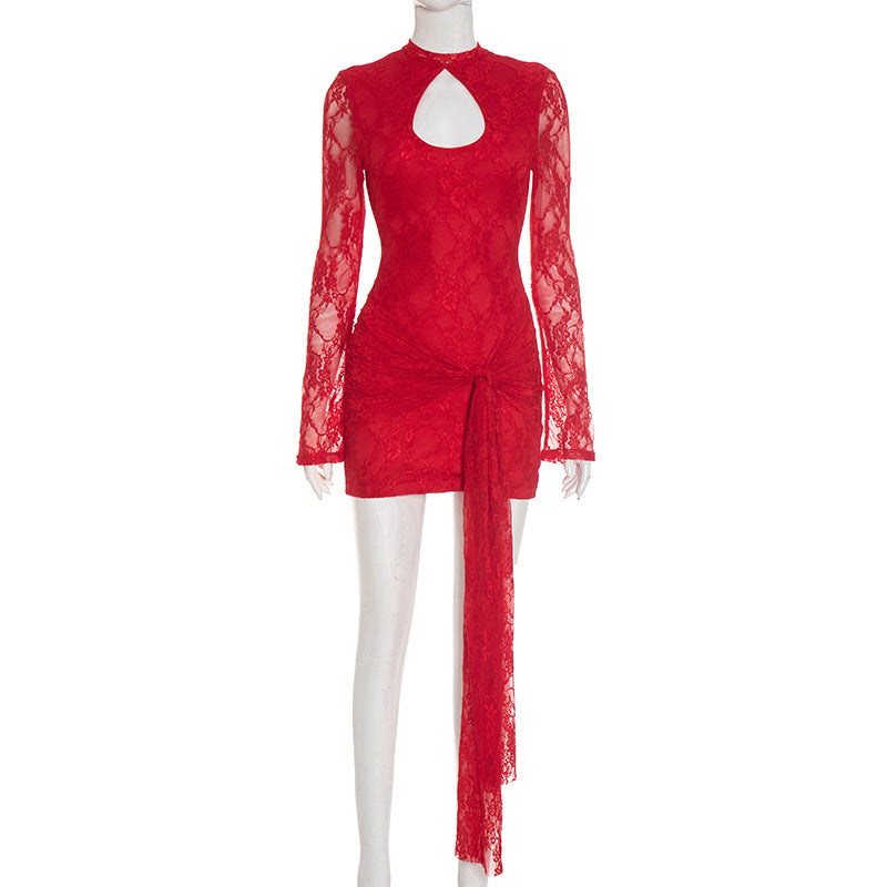 The Ribbon Trim Cutout Lace Dress