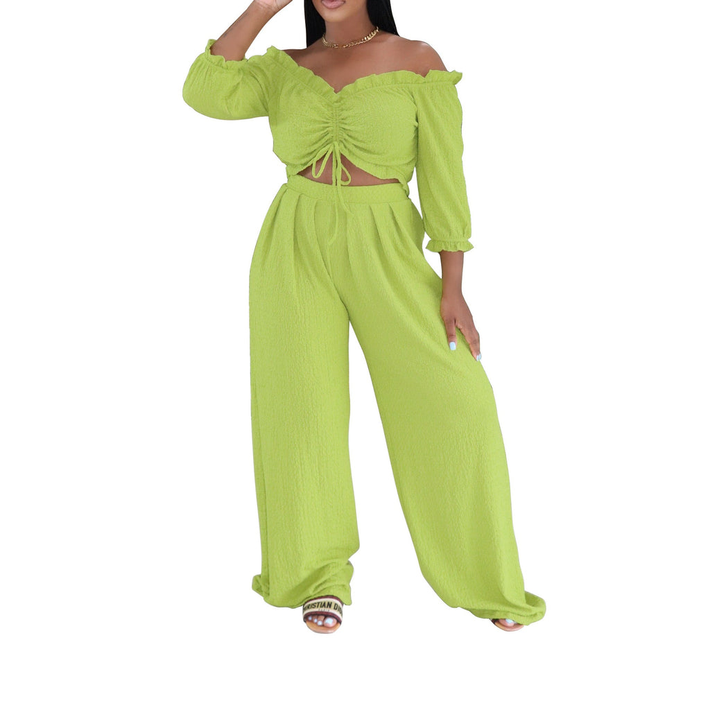 Off-Shoulder Ruched Crop Top & Wide-Leg Palazzo Pants Set | Drawstring & Puff Sleeves