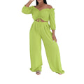 Off-Shoulder Ruched Crop Top & Wide-Leg Palazzo Pants Set | Drawstring & Puff Sleeves