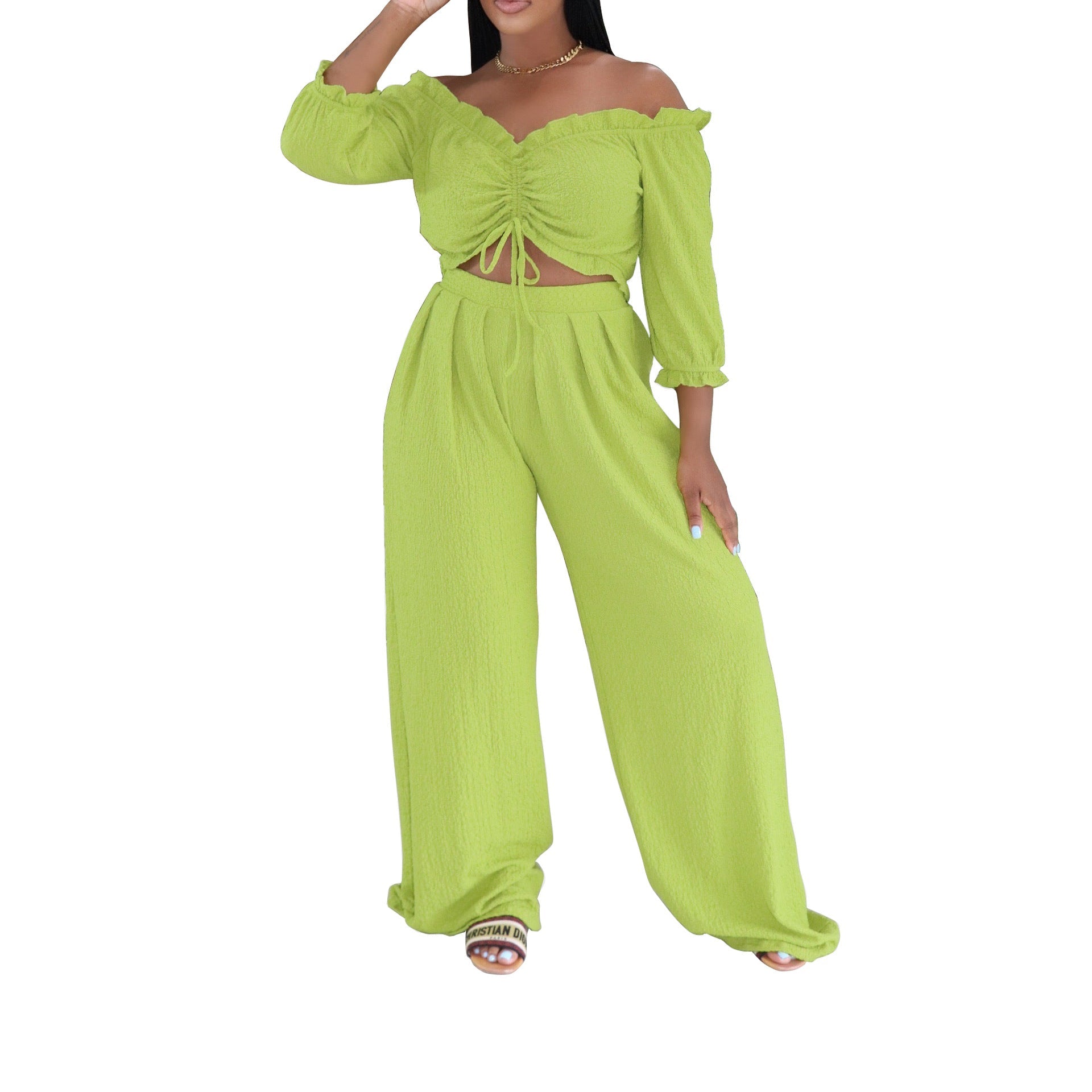 Off-Shoulder Ruched Crop Top & Wide-Leg Palazzo Pants Set | Drawstring & Puff Sleeves