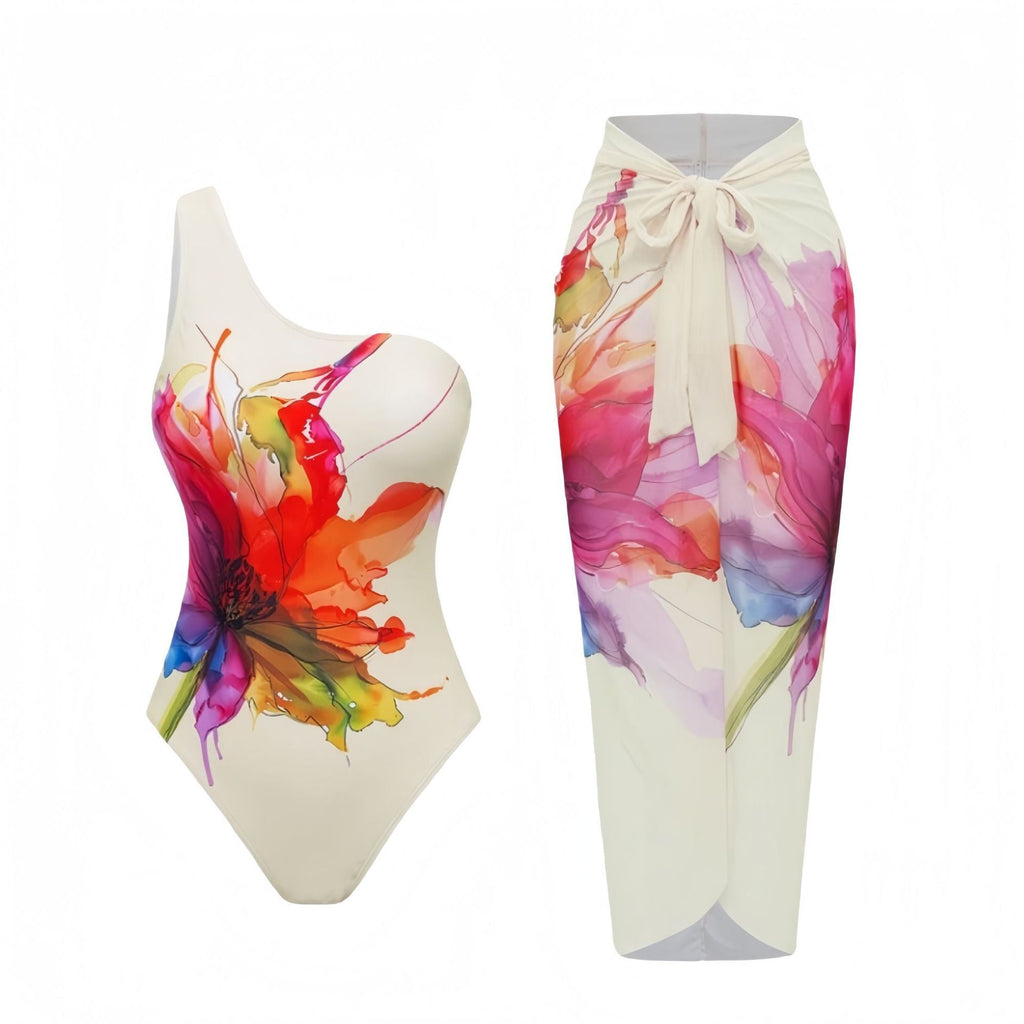 Watercolor Floral One-Shoulder One-Piece Swimsuit & Wrap Midi Sarong Skirt Set