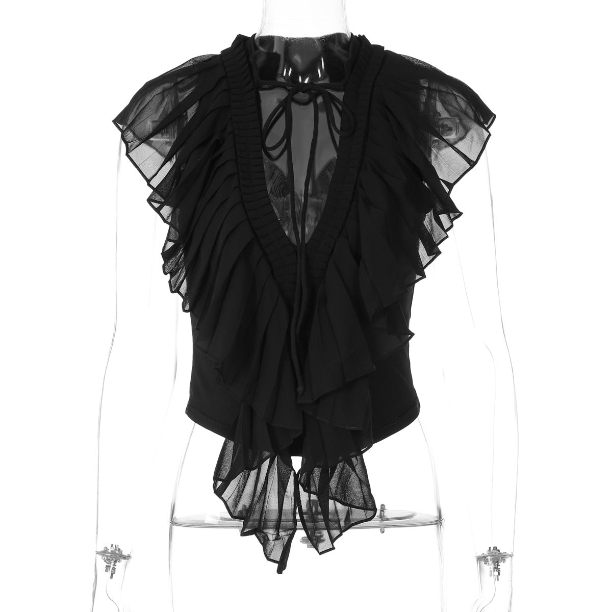 La Parisienne Deep V Tie-Front Ruffle Cascade Chiffon Blouse