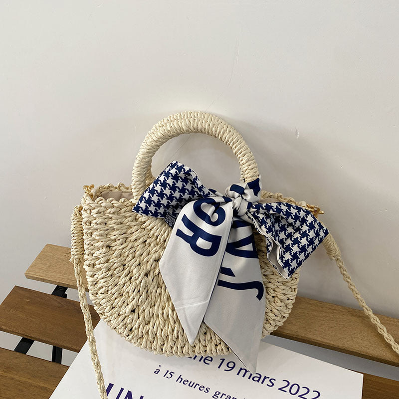 Round Woven Straw Crossbody Bag with Houndstooth Scarf Bow