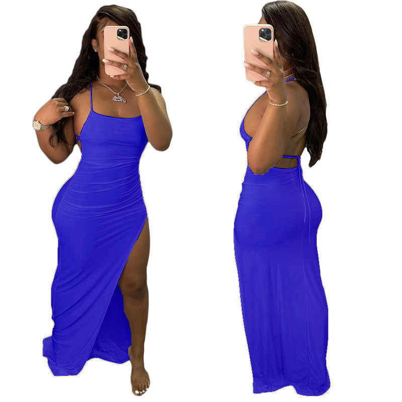 Spaghetti Strap Ruched Side Slit Backless Tie Bodycon Maxi Dress