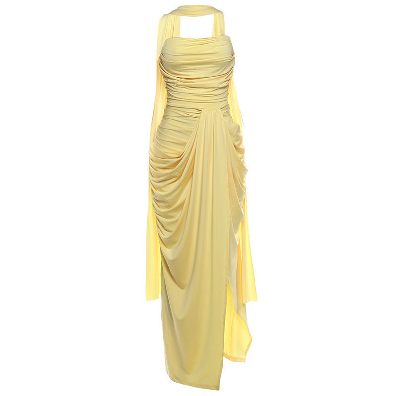 Strapless Ruched Draped Sash Bodycon Maxi Dress