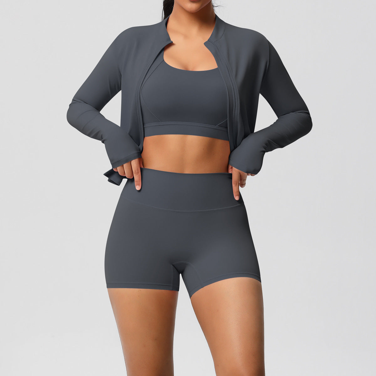 3-Piece Zip Jacket, Sports Bra & Biker Shorts Activewear Set