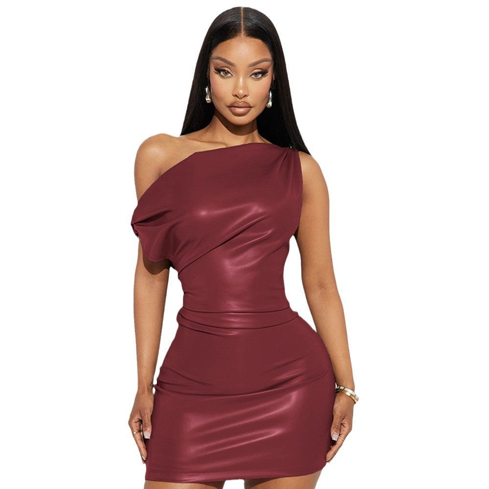 Faux Leather Asymmetric One-Shoulder Draped Bodycon Mini Dress