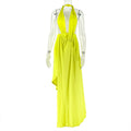 Deep Plunge Halter Open Back Ruched Asymmetric Gathered Wrap Drape High Slit Bodycon Maxi Dress