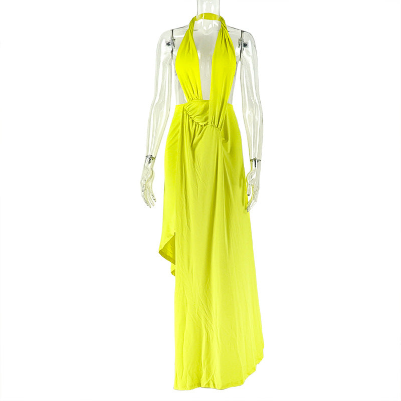 Deep Plunge Halter Open Back Ruched Asymmetric Gathered Wrap Drape High Slit Bodycon Maxi Dress