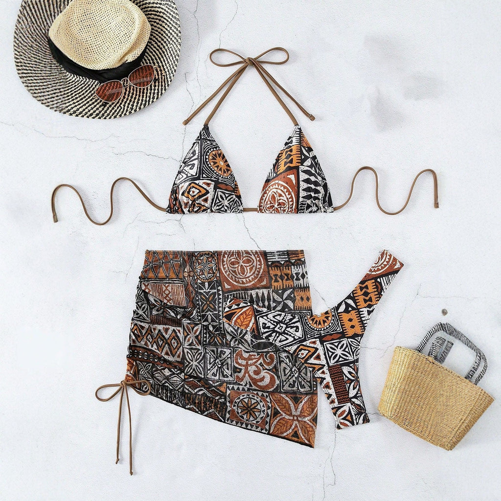 Tribal Print 3-Piece Halter Triangle Bikini & Ruched Mini Skirt Set