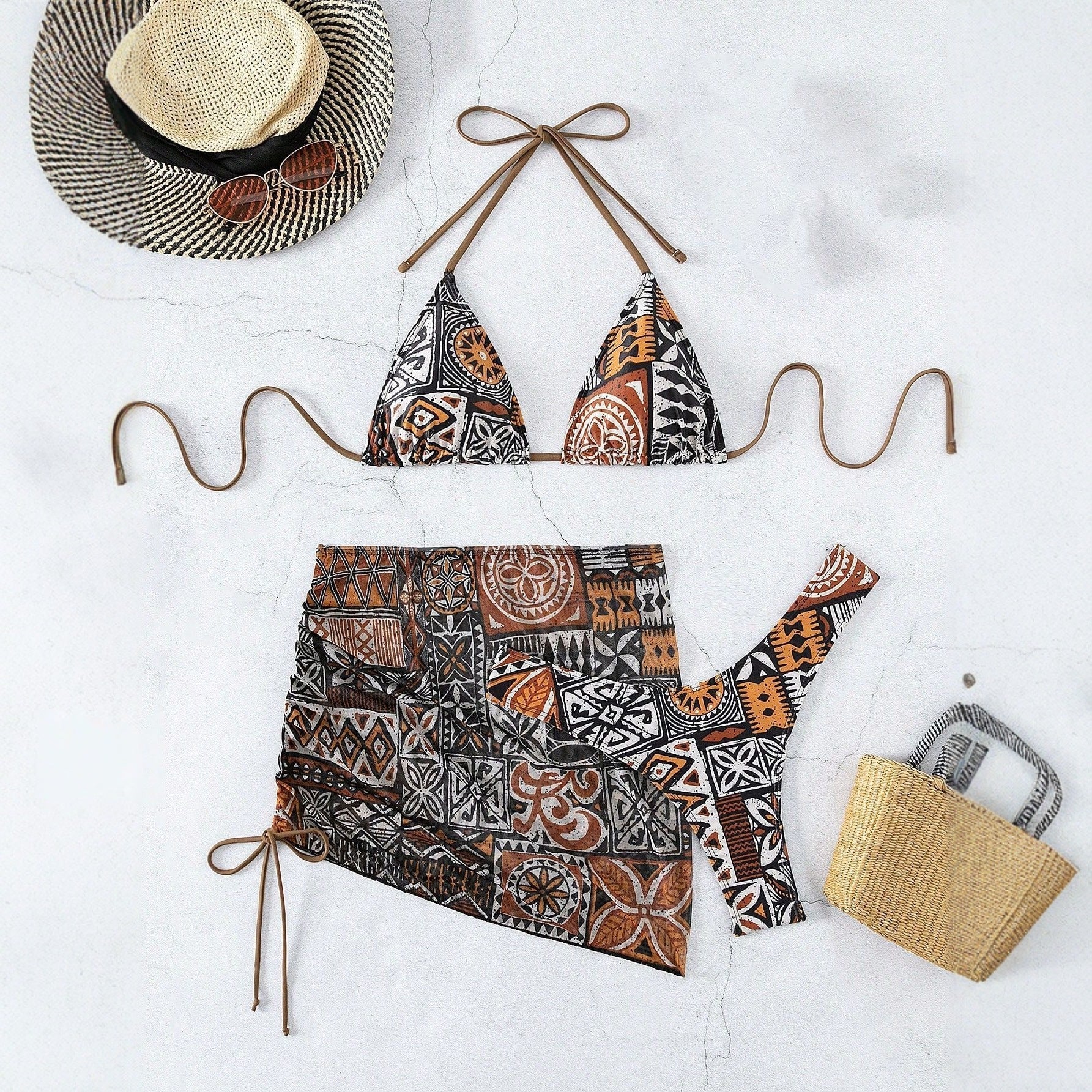 Tribal Print 3-Piece Halter Triangle Bikini & Ruched Mini Skirt Set