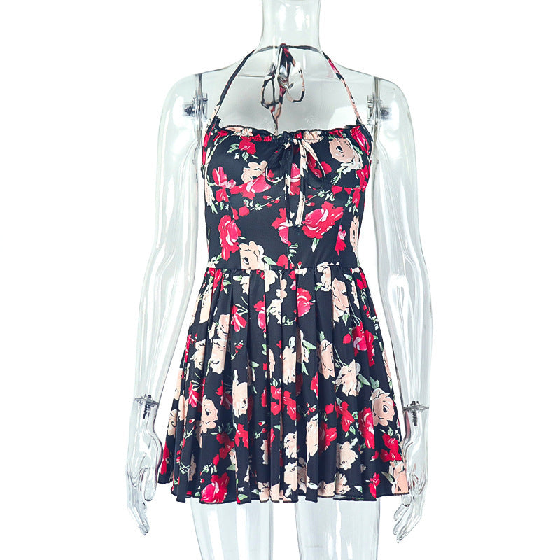 Floral Print Corset Lace-Up Pleated A-Line Mini Dress