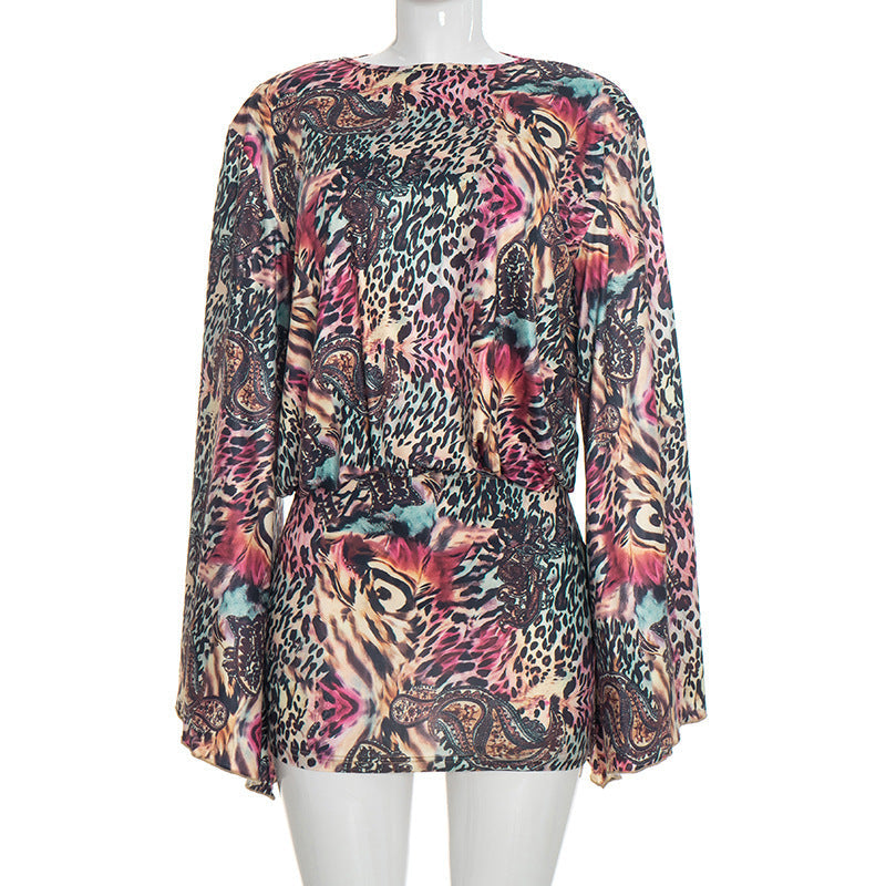 Women Clothing Autumn Winter Leopard Print Blooming Print Bare Back Flared Long Sleeve Slim Dress