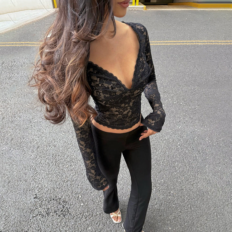 Sheer Floral Lace Deep V-Neck Long Sleeve Crop Top