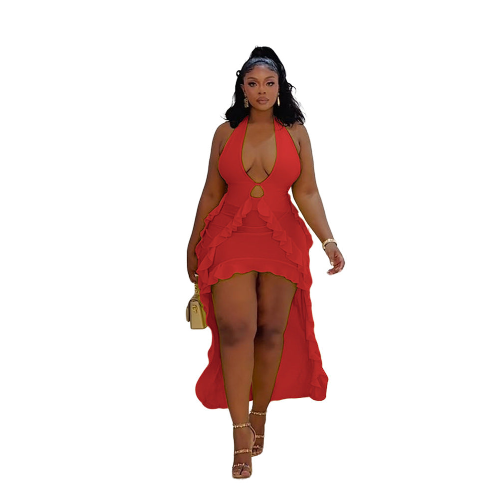 Satin Deep Plunge Halter Dress | Multi-Tier Ruffle Asymmetric High-Low Train & Keyhole Detail